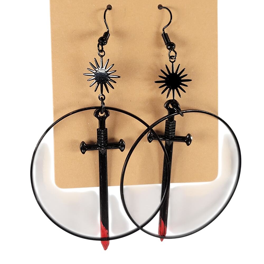 Gothic Sword Hoop Earrings Black Red Blade Sunburst Dangle Cosplay Jewelry 3"